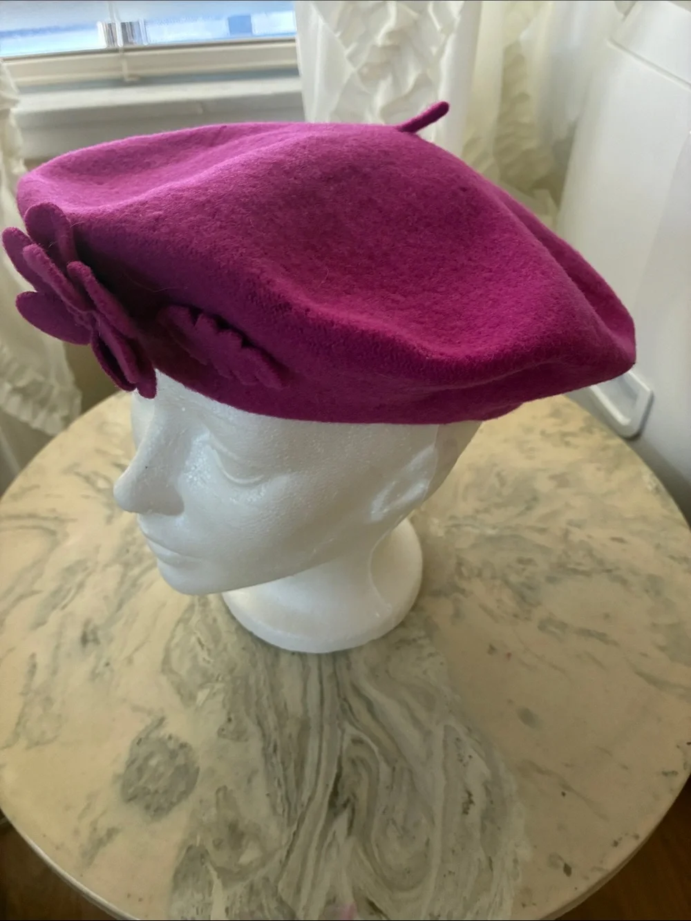New Kate Landry wool beret felt flower applique raspberry